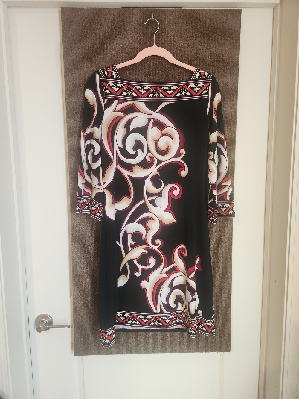 White House Black Market Black Long-Sleeve Dress with Cream and Red Scroll Print